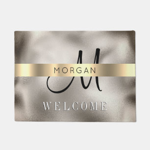 Name & Lg Monogram, Message, B/W Text, Gold/Silver Doormat