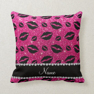 Name lipstick kisses neon hot pink glitter throw pillow