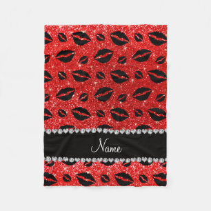 Name lipstick kisses neon red glitter fleece blanket