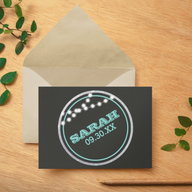 Name Logo and Date Chalkboard Lights Teal  Note Card (Creator Uploaded)