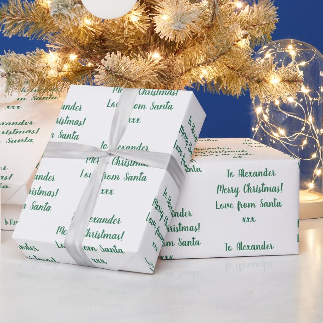 Name Love From Santa Green & White Christmas Wrapping Paper (Holidays)