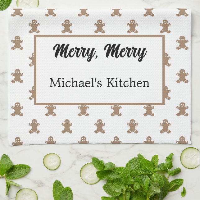 Name, Masculine Gingerbread Man Pattern Kitchen Towel (Folded)