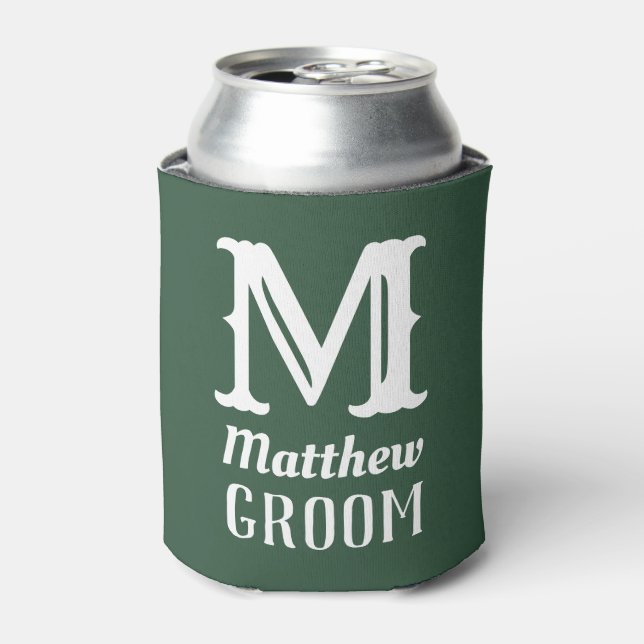 Name Masculine Monogrammed Groom Wedding Green Can Cooler (Can Front)