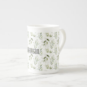 Name Masculine Watercolor Greenery 10oz Bone China Mug