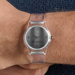 Name, Men's Metal Grid Effect Clear Silicone Watch