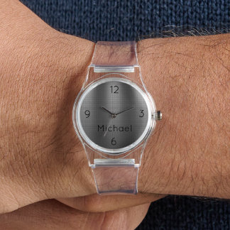 Name, Men's Metal Grid Effect Clear Silicone Watch