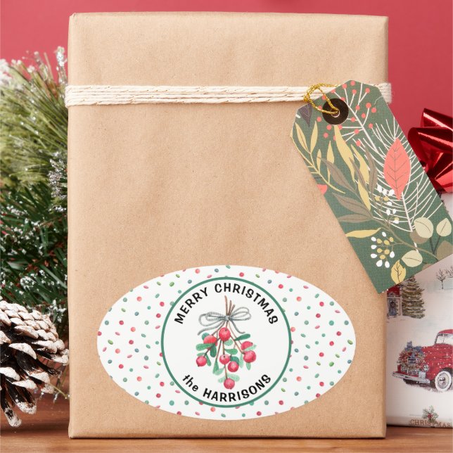 Name, Merry Christmas, Mistletoe Candy Pattern Oval Sticker (Holiday)