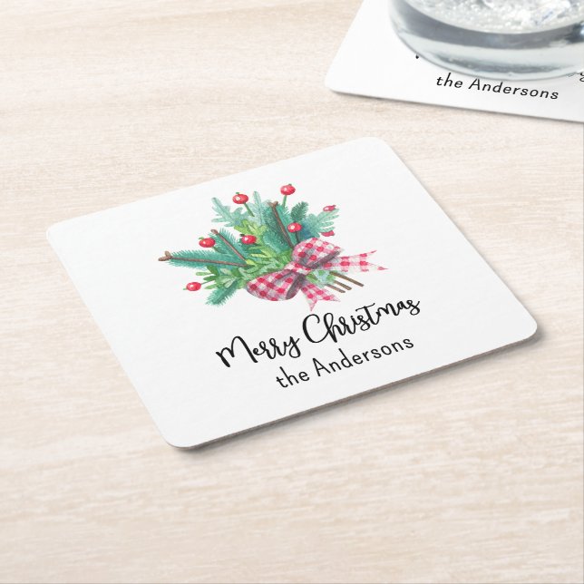 Name, Merry Christmas Red and Green Square Paper Coaster (Angled)