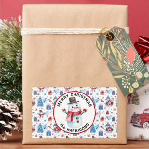 Name, Merry Christmas, Retro Snowman Pattern Sticker