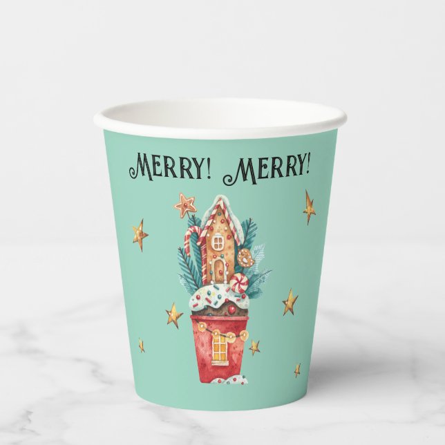 Name, Merry Merry Cute Gingerbread House Plant 8oz Paper Cups (Front)