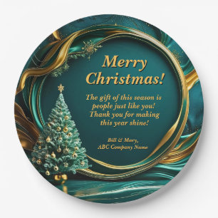 Name Message Company Green Gold Christmas Tree 9" Paper Plate