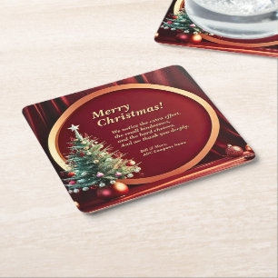 Name Message Company Red Gold + Christmas Tree  Square Paper Coaster