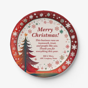 Name Message Company Red, Snowflakes & Tree, 7" Paper Plate