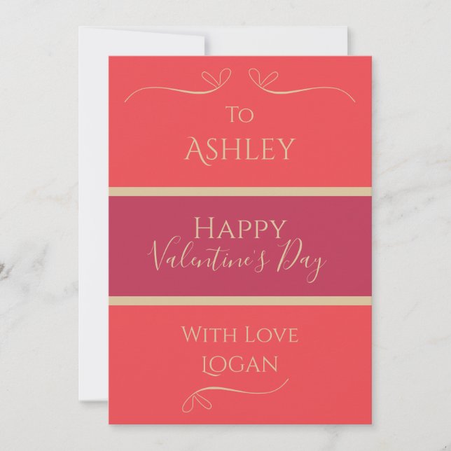 Name Minimal Hot Pink Red Gold Valentines Day  Holiday Card (Front)