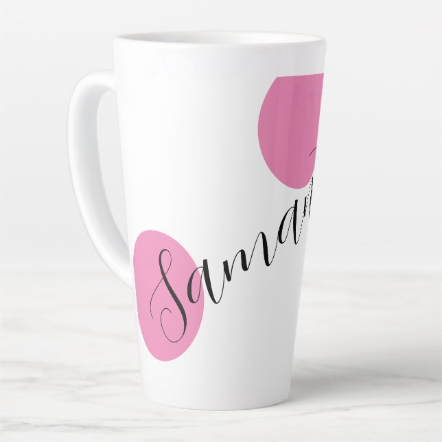 Name Modern Large Pink Polka Dots Latte Mug (Left Angle)