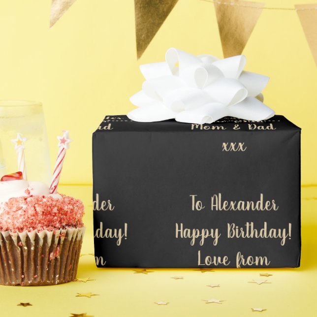 Name Modern Typography Black Gold Happy Birthday Wrapping Paper (Birthday Party)