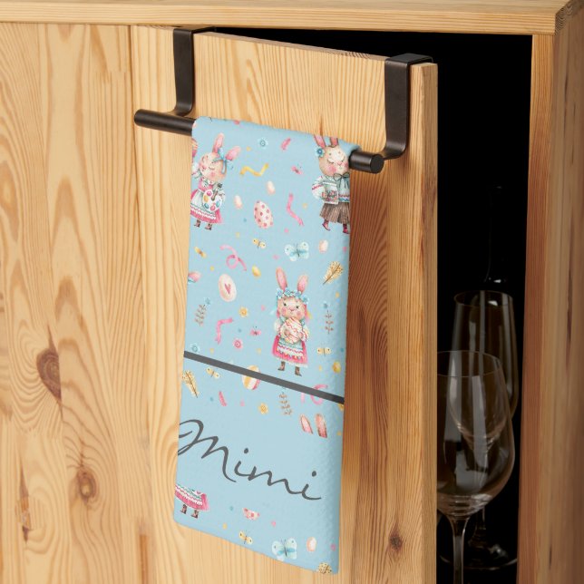 Name, Modern Vintage Blue Easter Kitchen Towel (Thirds Fold)