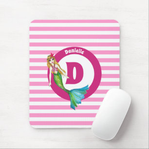 Name Monogram Beautiful Mermaid Pink Stripes Mouse Pad