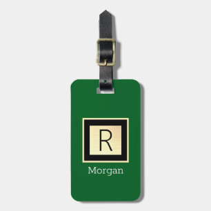 Name & Monogram, Black & Gold Box Forest Green Vs2 Luggage Tag