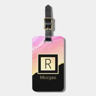Name & Monogram Black & Gold Box Pink & Gold Agate Luggage Tag