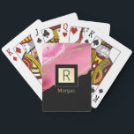 Name & Monogram Black & Gold Box Pink & Gold Agate Playing Cards<br><div class="desc">Personalize your name in gold and monogram in black on trendy black and gold box with pink and gold agate.</div>