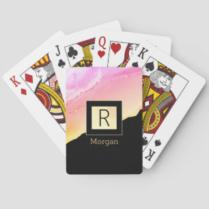 Name & Monogram Black & Gold Box Pink & Gold Agate Playing Cards