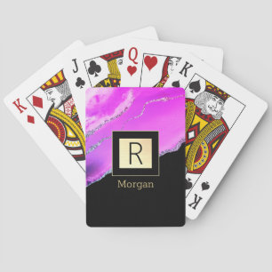 Name & Monogram, Black & Gold Box, Purple Agate Playing Cards