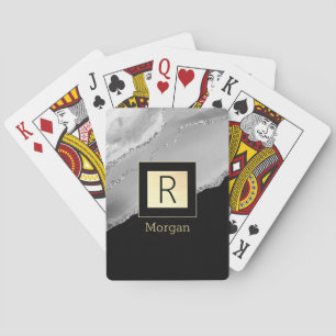 Name & Monogram, Black & Gold Box, Silver Agate Playing Cards