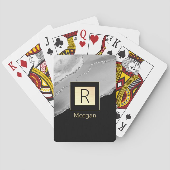 Name & Monogram, Black & Gold Box, Silver Agate Playing Cards (Back)