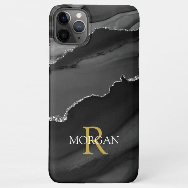 Name & Monogram, Black Grey Agate, Gold White Text iPhone Case (Back)