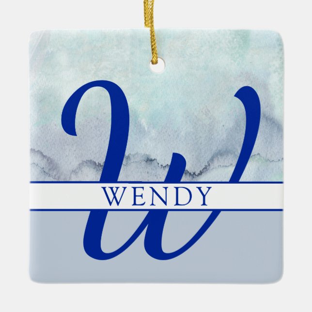 Name | Monogram Blue Watercolor Ceramic Ornament (Front)
