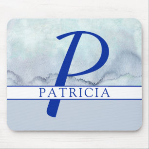 Name Monogram Blue Watercolor Mouse Pad