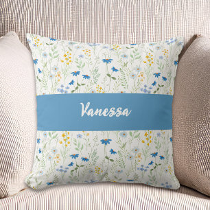Name Monogram Blue Watercolor Wildflower Throw Pillow