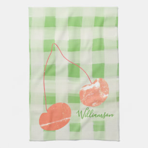 Name Monogram Check Gingham Pastel Green Cherry Kitchen Towel