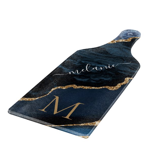 Name Monogram Cutting Board Agate Blue Gold Marble (Corner)