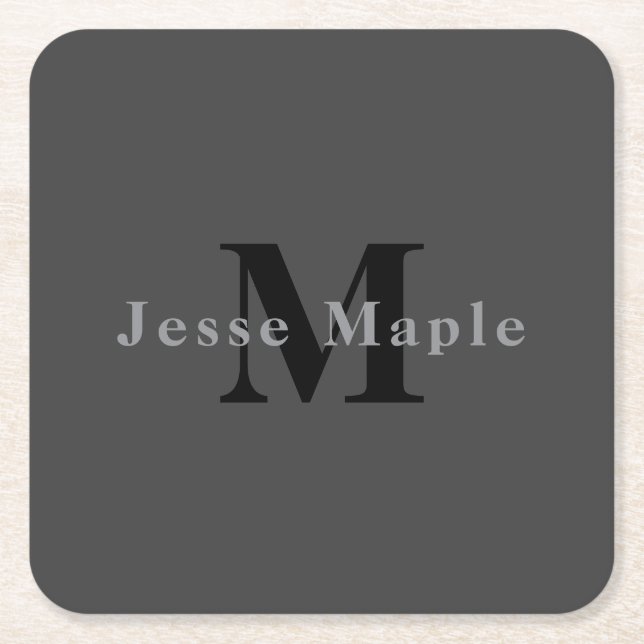 Name & Monogram | Dark Grey Square Paper Coaster (Front)