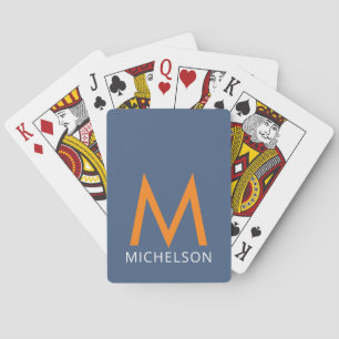 Name + Monogram Denim Blue and Orange Personalized Playing Cards