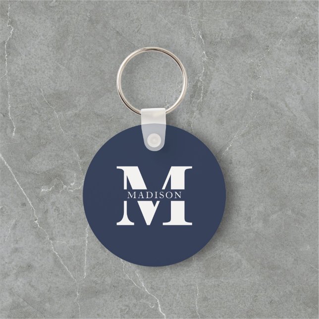Name Monogram Elegant Navy Blue Keychain (Creator Uploaded)