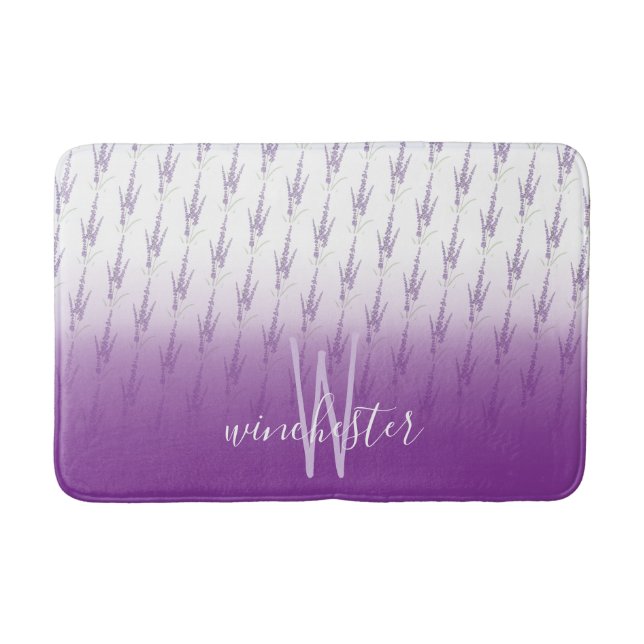 Name Monogram Farmhouse Lavender Flower Pattern Bath Mat (Front)
