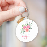 Name Monogram Floral Keychain<br><div class="desc">This pretty keychain is decorated with a watercolor bouquet of roses and foliage in shades of pink,  coral,  and green. 
Easily customizable.
Original Watercolor © Michele Davies.</div>