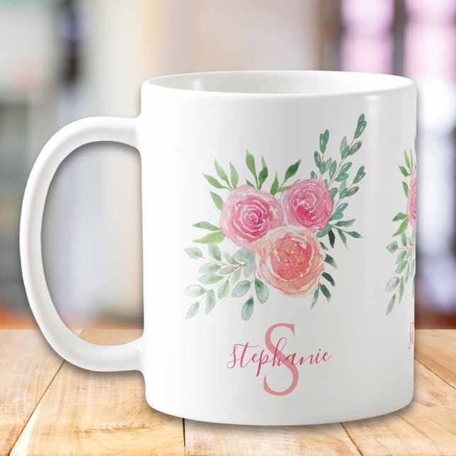 Name Monogram Floral Pink Coffee Mug (Creator Uploaded)