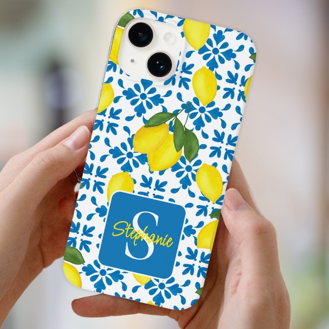 Name Monogram French Country Tile Lemon Pattern  iPhone Case (Creator Uploaded)