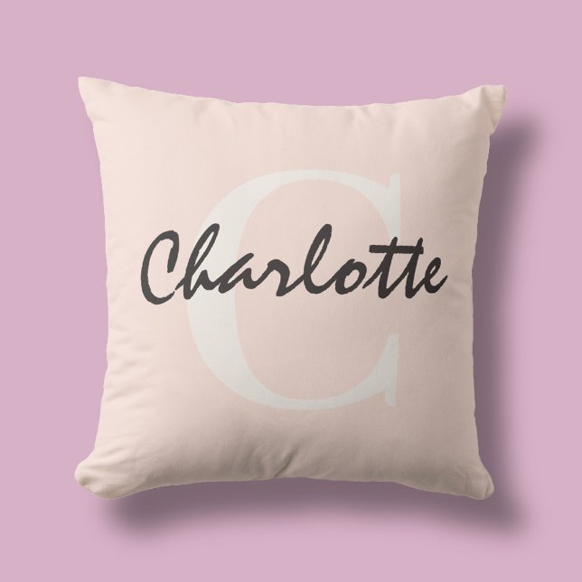 Name Monogram Girly Brush Script Pink Throw Pillow (Creator Uploaded)