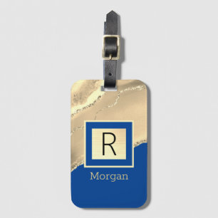 Name & Monogram, Gold Agate, Deep Blue Luggage Tag