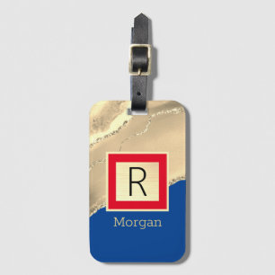 Name & Monogram, Gold Agate, Deep Blue & Red Luggage Tag