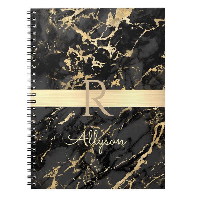 Name & Monogram, Gold Bar, Black & Gold Marble Notebook (Front)