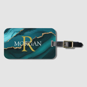 Name & Monogram, Gold Black Agate, Gold White Text Luggage Tag