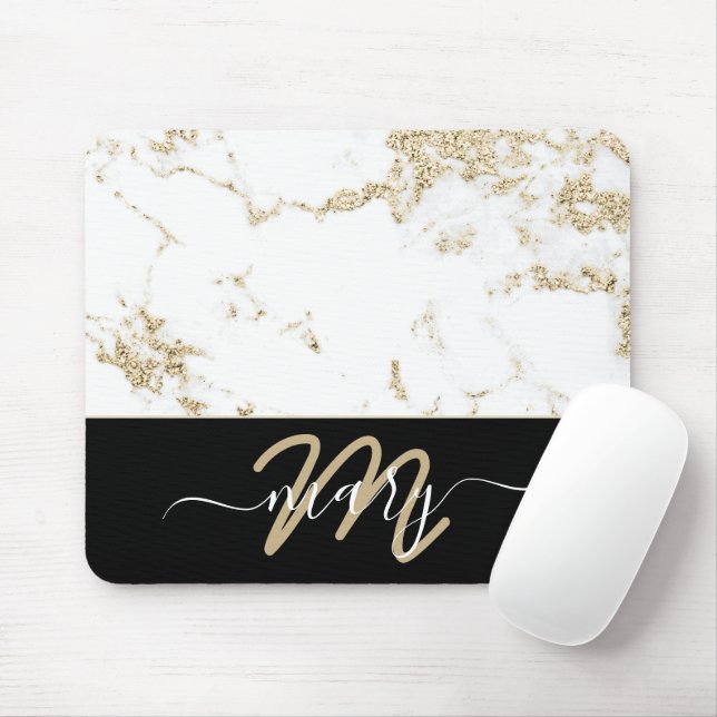 Name Monogram Marble Gold Elegant Back White Mouse Pad (With Mouse)