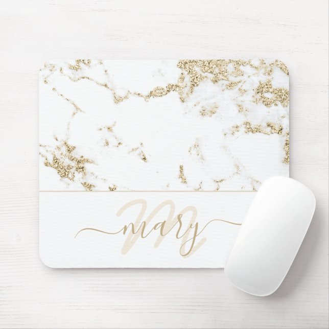 Name Monogram Marble Gold Elegant White Abstract Mouse Pad (With Mouse)