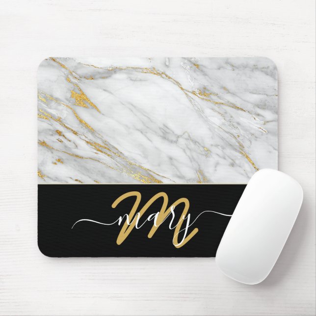 Name Monogram Marble Golden Strokes Back White Mouse Pad (With Mouse)